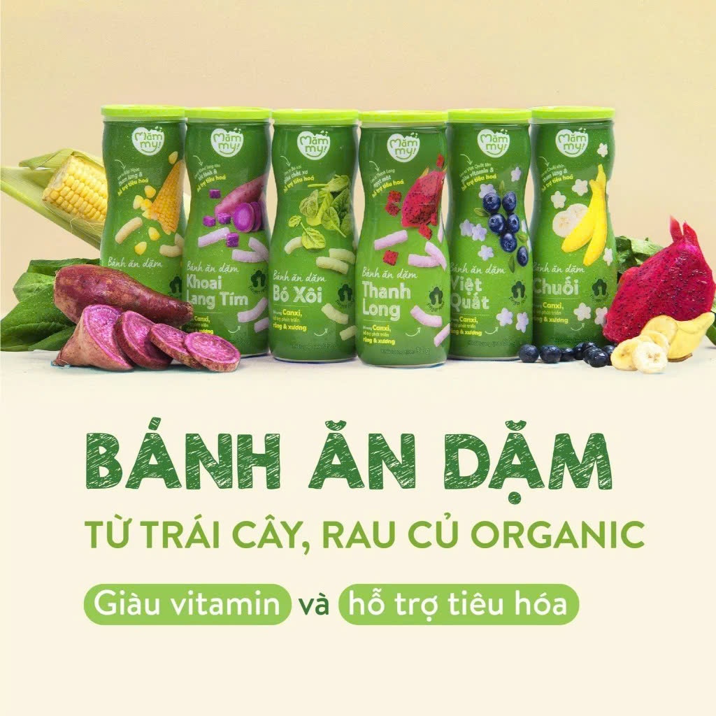 Bánh ăn dặm hũ Mămmy vị trái cây và rau củ giúp hỗ trợ tiêu hoá cho bé 6 tháng tuổi, hũ 32-50g