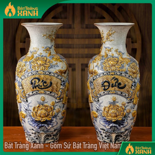 Đôi Lộc Bình Phúc Đức 55cm Men Rạn, Lộc Bình Đắp Nổi Họa Tiết Phúc Đức Sen Cá Bát Tràng Cao Cấp