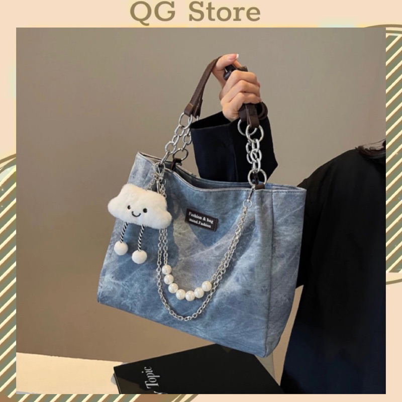 Túi Công Sở Túi Tote Da Loang Phối Xích Ngọc Kèm Charm Trẻ Trung QGStore