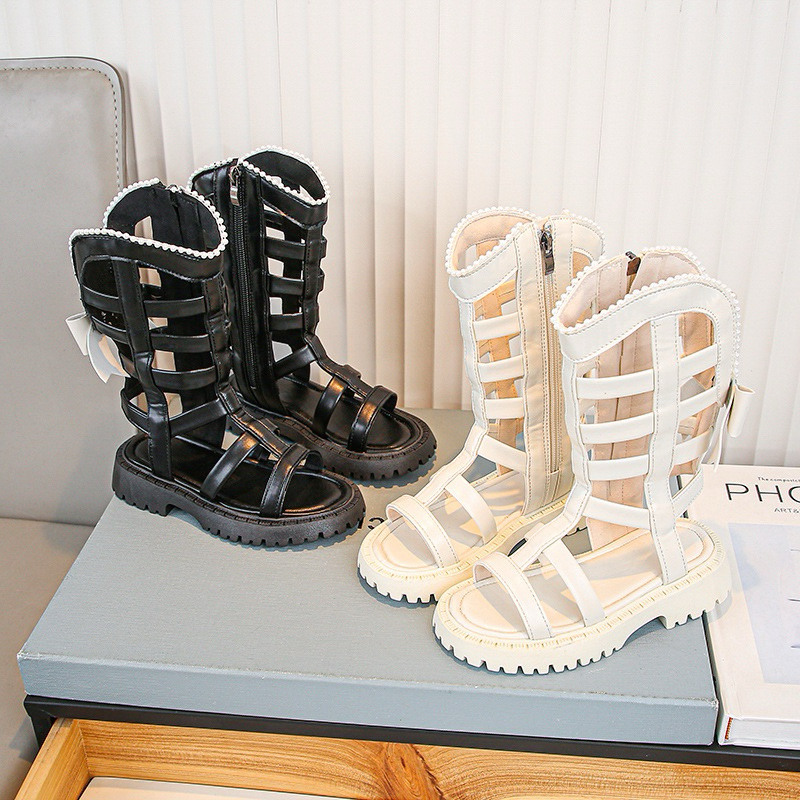 Sandal chiến binh viền ngọc đính nơ xinh xắc cho bé gái