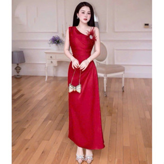  Đầm dự tiệc váy lụa Tô Châu dáng dài lệch vai tag đá lông thỏ xếp ly eo chuẩn thiết kế cao cấp NA25.21 