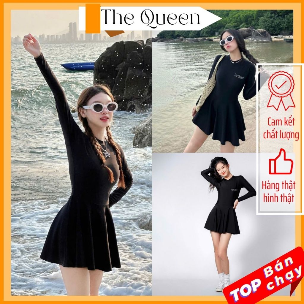 Đồ bơi nữ Angel Bikini váy liền thân tay dài kín đáo khóa kéo sau lưng full màu đen đi biển chống nắng The Queen 092 | BigBuy360 - bigbuy360.vn