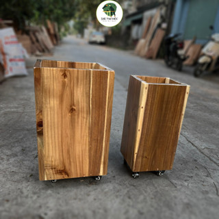 Chậu cây cảnh chữ nhật gỗ tự nhiên có bánh xe di chuyển decor