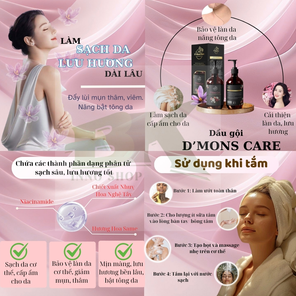 SỮA TẮM HƯƠNG NƯỚC HOA D'MONS CARE (500mL) SỮA TẮM LÀM SẠCH SÂU, DƯỠNG ẨM, GIẢM THÂM MỤN, NÂNG TONE DA HIỆU QUẢ| BK INNO