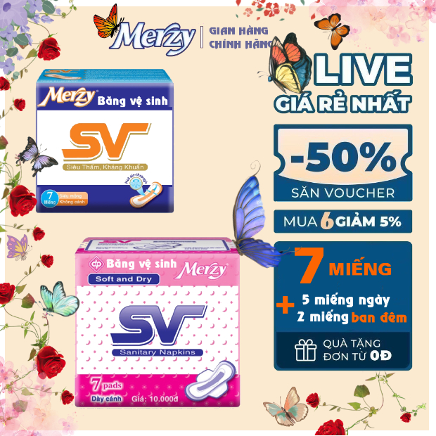 BVS Merzy Bề mặt bông 7 miếng/gói (5 ngày+2 đêm) siêu kháng khuẩn #bvs #bvs merzy #băng vệ sinh merz