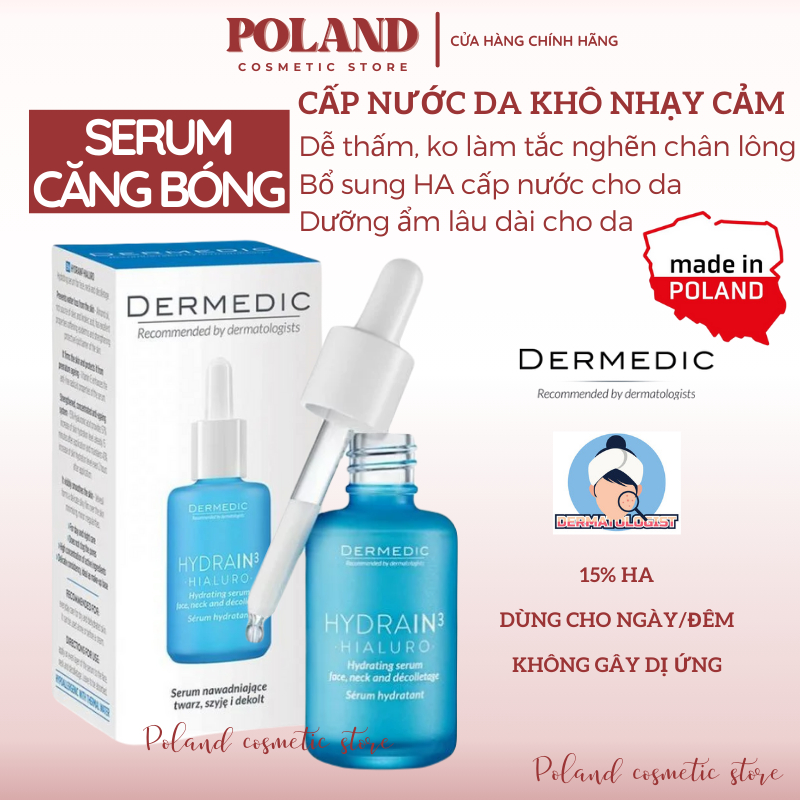 Serum dưỡng ẩm cấp nước Dermedic Hydrain3 Hialuro cho da căng bóng chống lão hóa 30ML