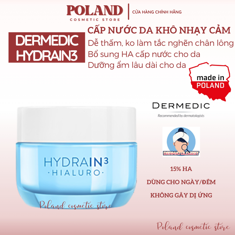 Kem dưỡng Dermedic Hydrain3 Hialuro Cream-Gel với HA cấp âm cho da khô mất nước 50GR
