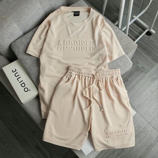 Bộ quần áo nam nữ dập nổi, áo tay ngắn quần short dáng rộng, chất vải waffle co dãn 4 chiều thoáng mát mùa hè năng đ