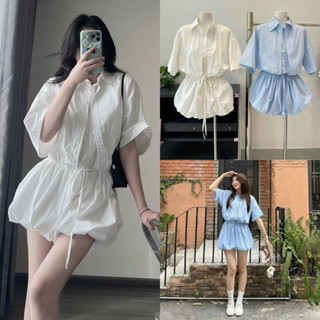 Jumpsuit liền quần dáng bí phồng cổ sơ mi 2 vạt tay ngắn kèm dây rút eo có quần bảo hộ MS33