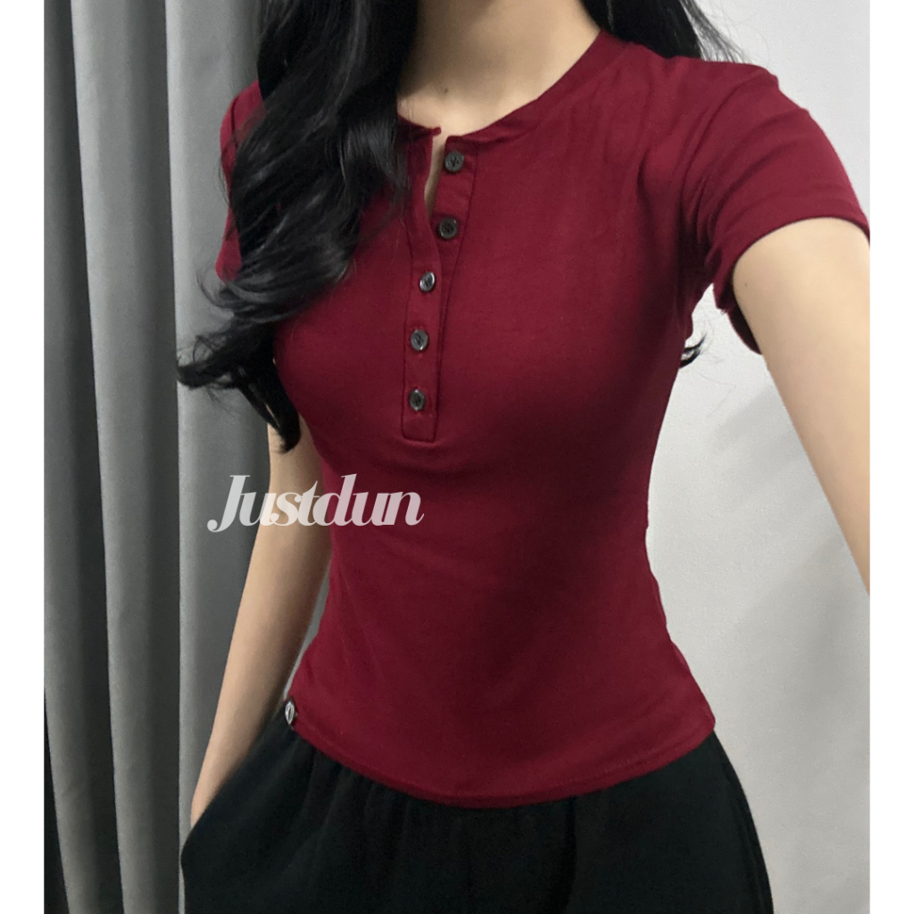 Áo Thun Nữ Cổ Tròn Phối Khuy JUSTDUN C42 - Chất Cotton Cao Cấp, Co Giãn 4 Chiều, Dễ Chịu, Thoáng Khí | BigBuy360 - bigbuy360.vn