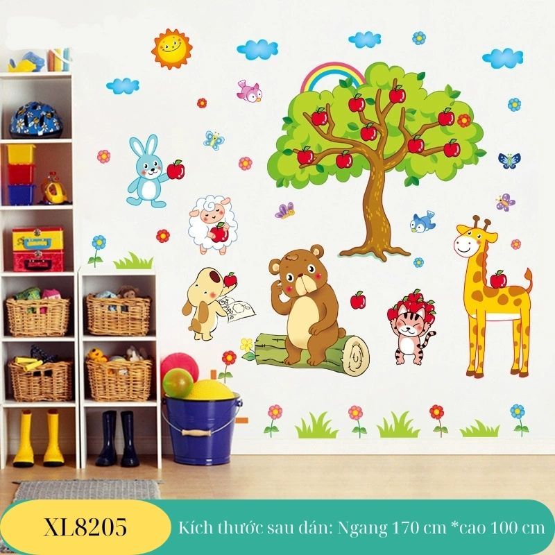 Decal dán tường vườn thú cây táo XL8205 tranh dán tường trang trí phòng học, phòng ngủ cho bé trai bé gái