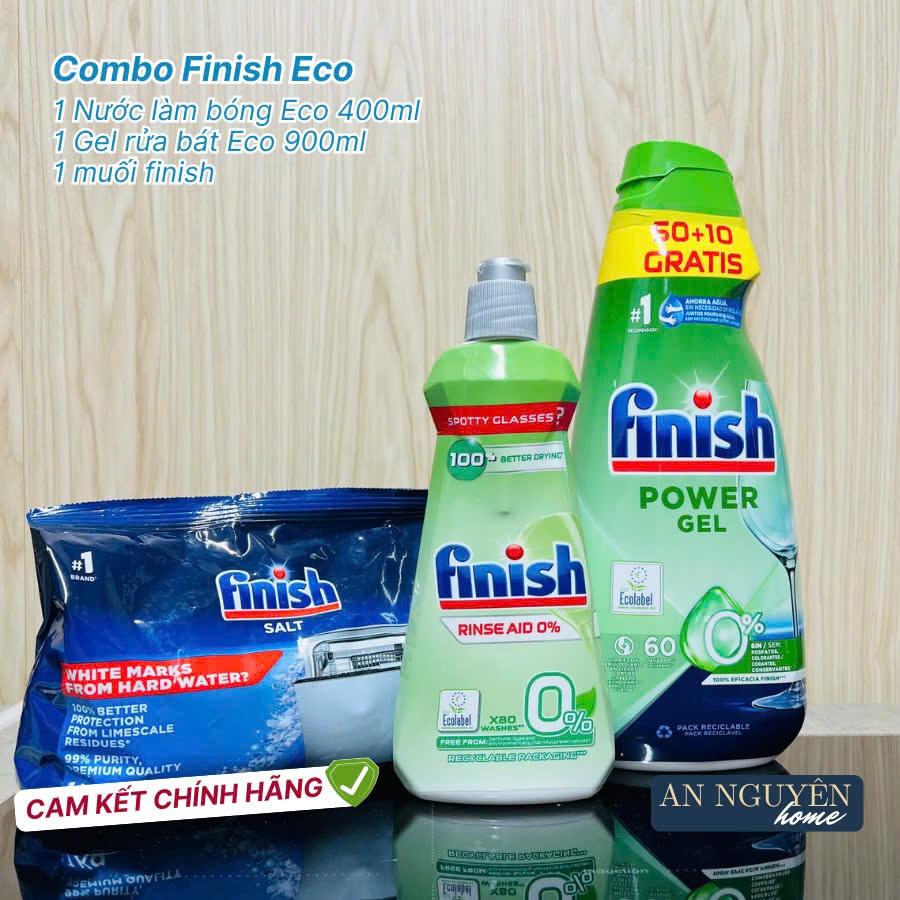 Combo Finish eco - gồm gel rửa bát hữu cơ và bóng eco, muối dành cho máy rửa bát