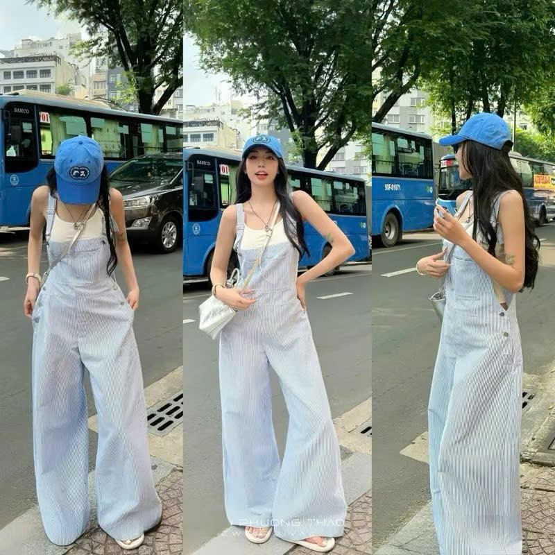 Set Yếm Quần Kaki Thô Dài Ống Rộng Kẻ Xanh Blue Mix Áo Cotton 2 Dây Năng Động Trẻ Trung (Ảnh Thật Tr