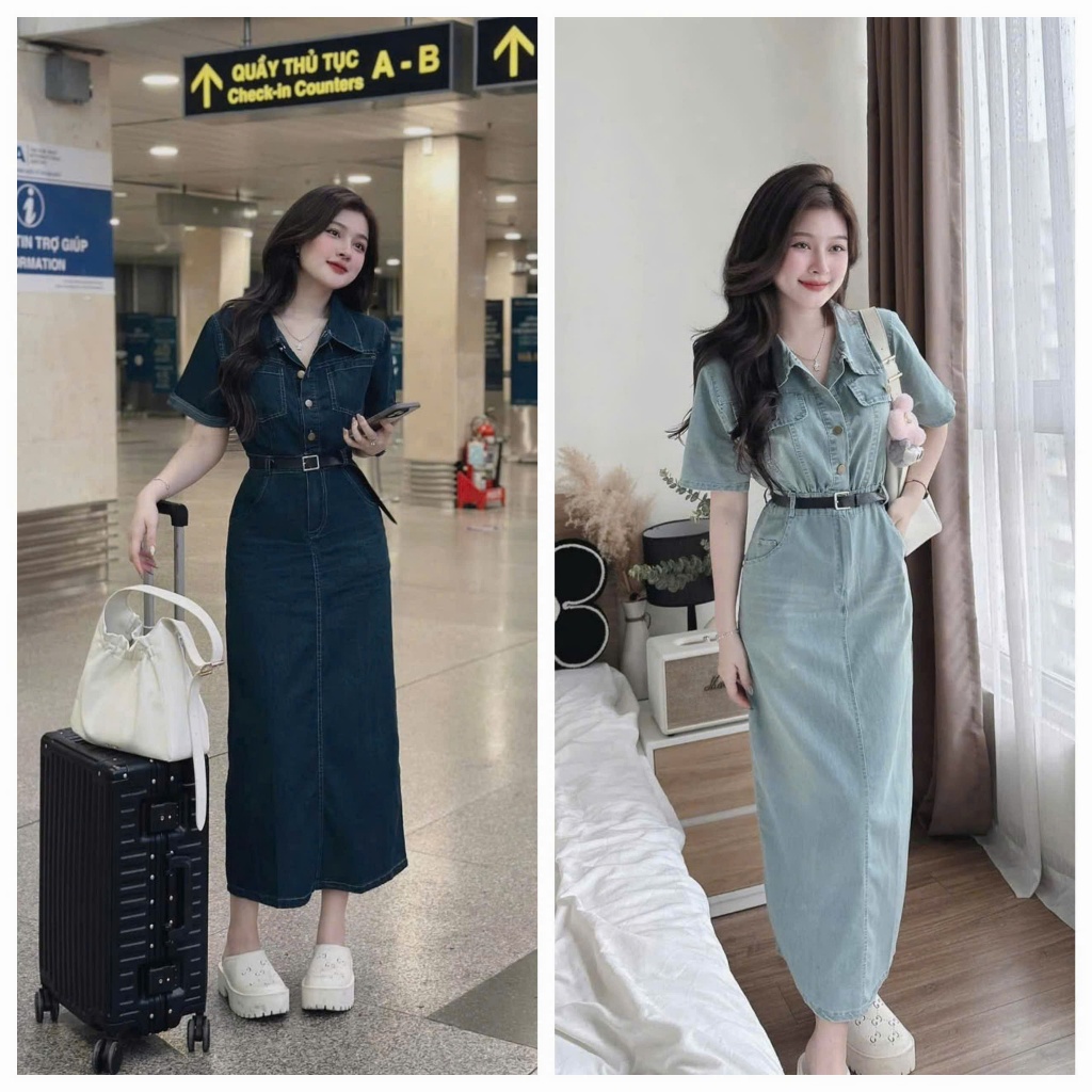 Đầm jean thiết kế cho nữ thanh lịch sang chảnh đầm jean sơ mi tay ngắn gài nút nhún eo kèm nịt dáng 
