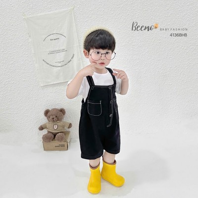 Set bộ yếm may chỉ nổi Beemo kèm áo cộc tay vải kaki đứng form,dành cho bé trai bé gái từ 9-22kg 4067BHB