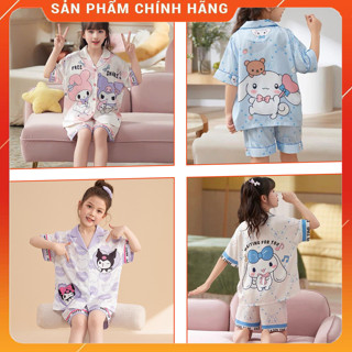 [12-48 kg]Bộ đồ ngủ tay cộc lụa latin cao cấp cho bé in hình baby three labubu cinamoroll kurromi cho bé gái -AN AN KIDs