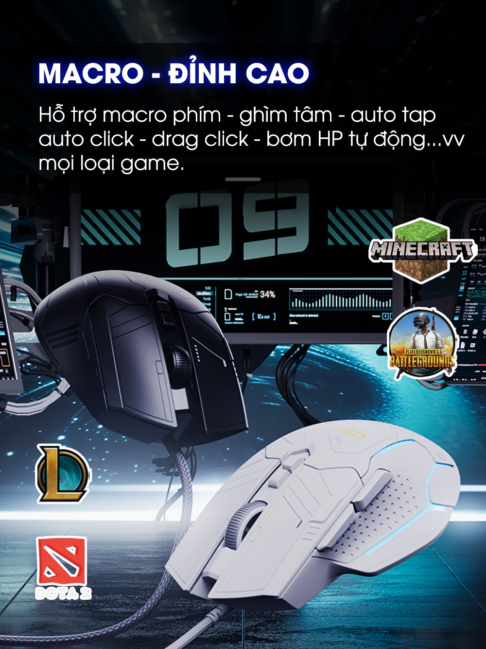 Chuột có dây gaming TEKKIN inphic PG9 Ai 1000hz 7 nút bấm có app 12800 DPI