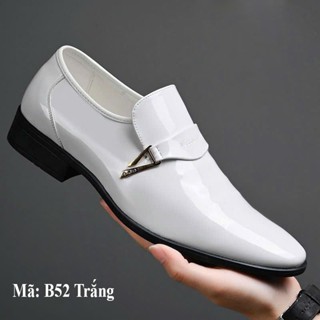 B52 Giày tây, giày nam da bóng màu trắng cao cấp đế cao su khâu