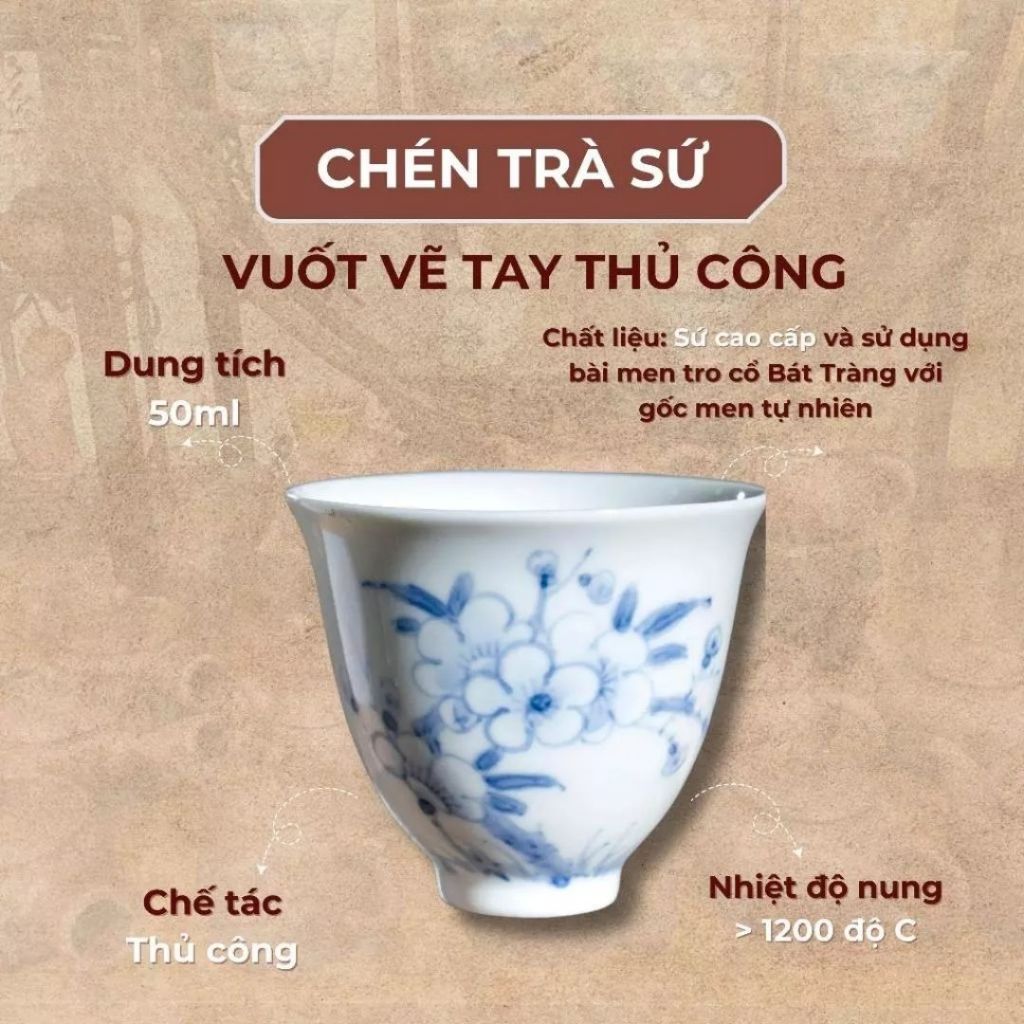 Chén trà Sứ vẽ tay An Thổ Túc dáng cao Làng Gốm Bát Tràng - Ecofarm