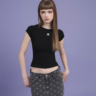 ELEVEN - Áo thun nữ baby tee tay lắp thêu Mono logo màu Đen