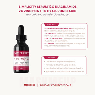 Serum 12% Niacinamide + 2% Zinc PCA + 1% HA Simplicity hỗ trợ trị mụn kiềm dầu giảm thâm