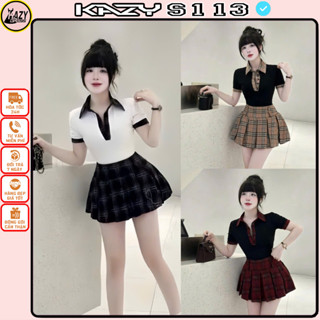 Set áo polo thun mix chân váy len dạ dày dặn ( kèm quần bảo hộ) phong cách hàn quốc xinh xắn S113 KAZYDRESS