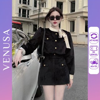 Set bộ nhung nữ BIGSIZE áo kiểu thắt nơ cổ mix chân váy Venusa Store