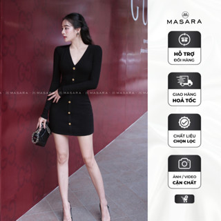 Đầm nữ Masara form ôm tay dài chất len thun màu đen basic phối nút vàng sang chảnh MD823 MD825
