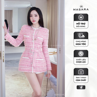  Áo nữ Masara dạ tweed form dài màu hồng đính kim sa ngọt ngào  kèm belt rời  MA822 