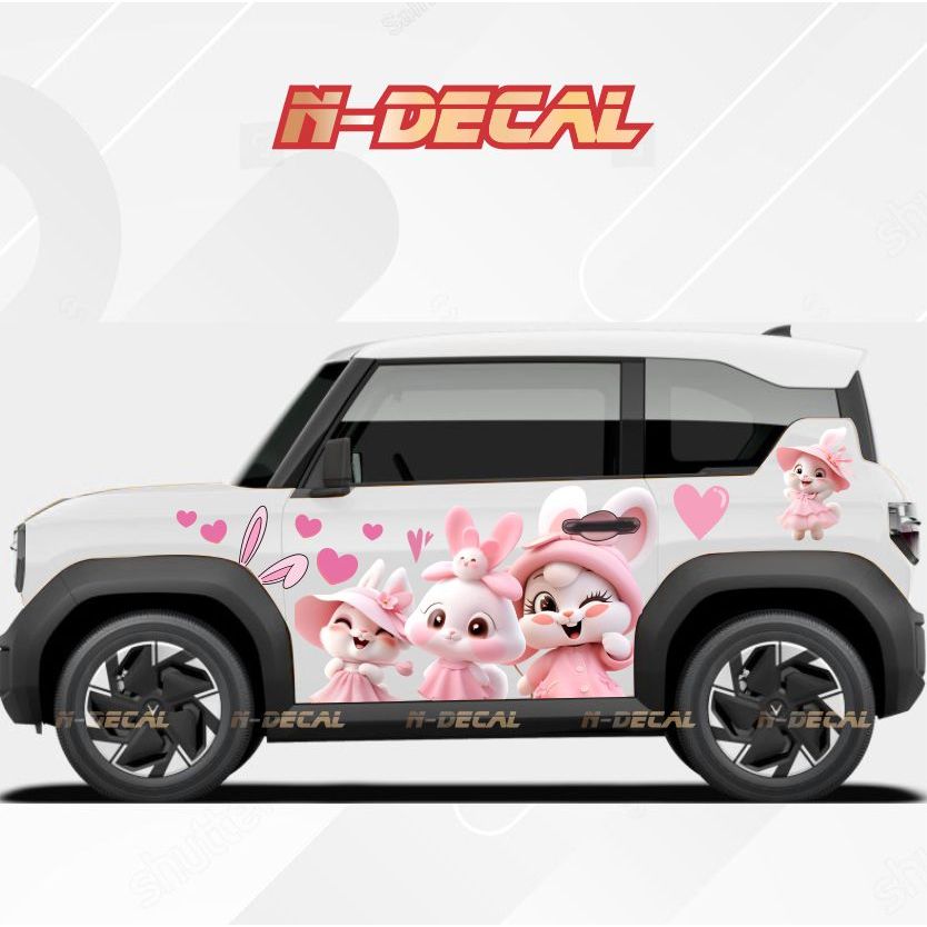 Tem decal xe VF3 mẫu thỏ hồng - Tùy chỉnh thiết kế theo yêu cầu
