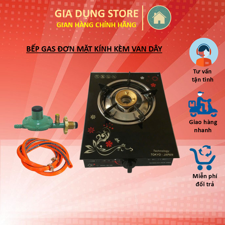 Bếp Ga Đơn Mặt Kính Giá Rẻ + Van Nasonal + Dây gas Hàn Quốc (dùng bình gas 12kg)