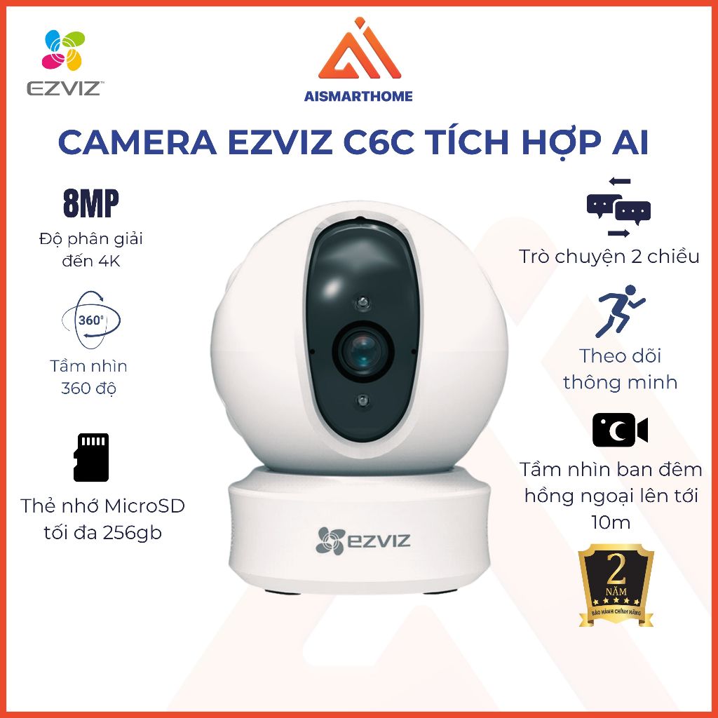 Camera Wifi Thông minh Ezviz C6C tích hợp AI 4K, Xoay 360°, Đàm thoại 2 chiều - Bảo Hành 2 Năm