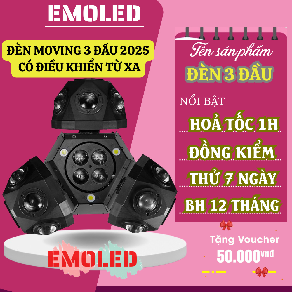 Đèn moving 3 đầu 2025 EMOLED có điều khiển từ xa phù hợp sự kiện đám cưới quán hát karaok - bh 12 th