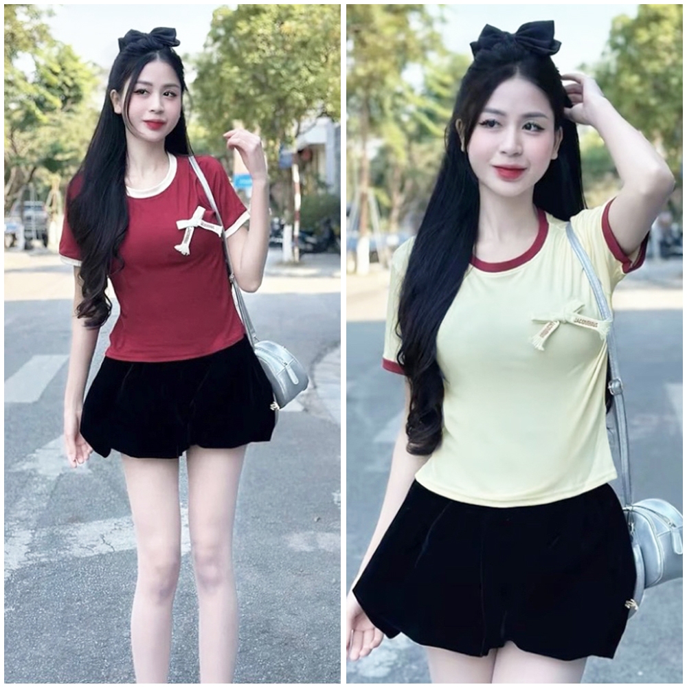 Áo Thun Nữ Đính Nơ Cổ Viền Bo CAROLL, Áo Thun Phối Cổ Viền Màu Chất Cotton Cao Cấp Co Giãn 2 Chiều