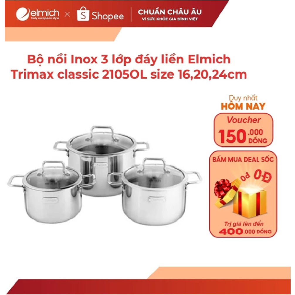 [ VHL - ELMICH ] Bộ nồi Inox 3 lớp đáy liền Elmich Trimax classic 2105OL size 16,20,24cm(tặng kèm ch