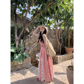 [SẴN - HÀNG CAO CẤP] Đầm nữ dáng dài kẻ caro đỏ chân váy mix ren siu lạ siu xinh