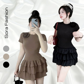  Đầm Body Nữ Dáng Ngắn Phối 3 Tầng Đính Hoa Kèm Quần Trong Sora Fashion Váy Xòe Chất Liệu Thun Tăm 171 