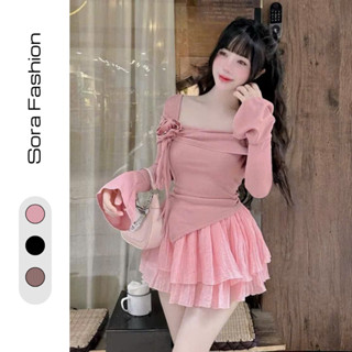  Set Áo Trễ Vai Đính Hoa Phối Chân Váy Tơ Sora Fashion Set Nữ Chân Váy Áo Kiểu Bèo Chất Liệu Thun Tăm 181 