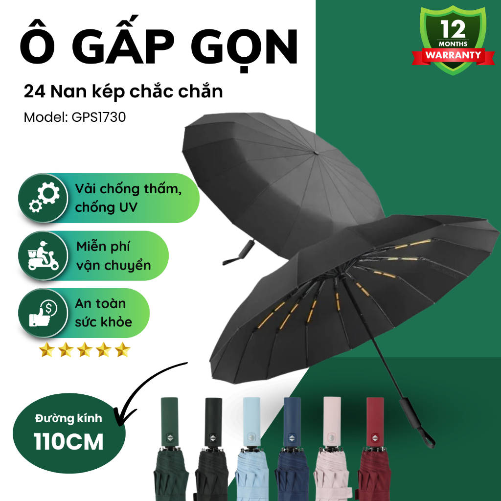 Ô Dù 24 Nan, Ô Che Mưa Gấp Gọn 12 Nan Kép Che Mưa Nắng Chống Thấm Chống UV Gấp Gọn Dễ Dàng