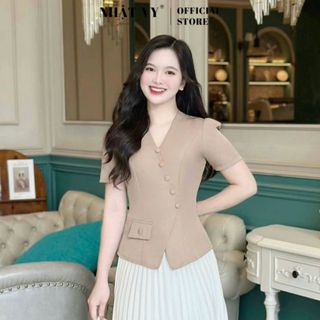 Áo công sở Nhật Vy cổ V đính nút bọc xẻ tà cách điệu chất lụa phù hợp đi chơi - D3249