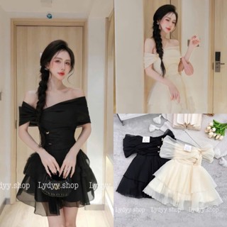 Váy trầm trắng voan tơ, trễ vai quây cúp ngực, váy dáng ngắn thiết kế cao cấp sang chảnh, dự tiệc cưới, đầm cúp ngực