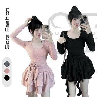  Váy Nữ Chiết Eo Ôm Body Dài Tay Đính Hoa Sora Fashion Đầm Dáng Ngắn Sexy Chất Liệu Thun Tăm Hàn 173 