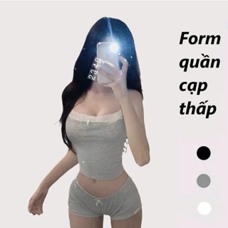 Bộ ngủ nữ 2 dây sexy quần ngủ tí hon siêu ngắn mặc đính nơ thun tăm lạnh co giãn thoáng mát CÓ CHE TÊN