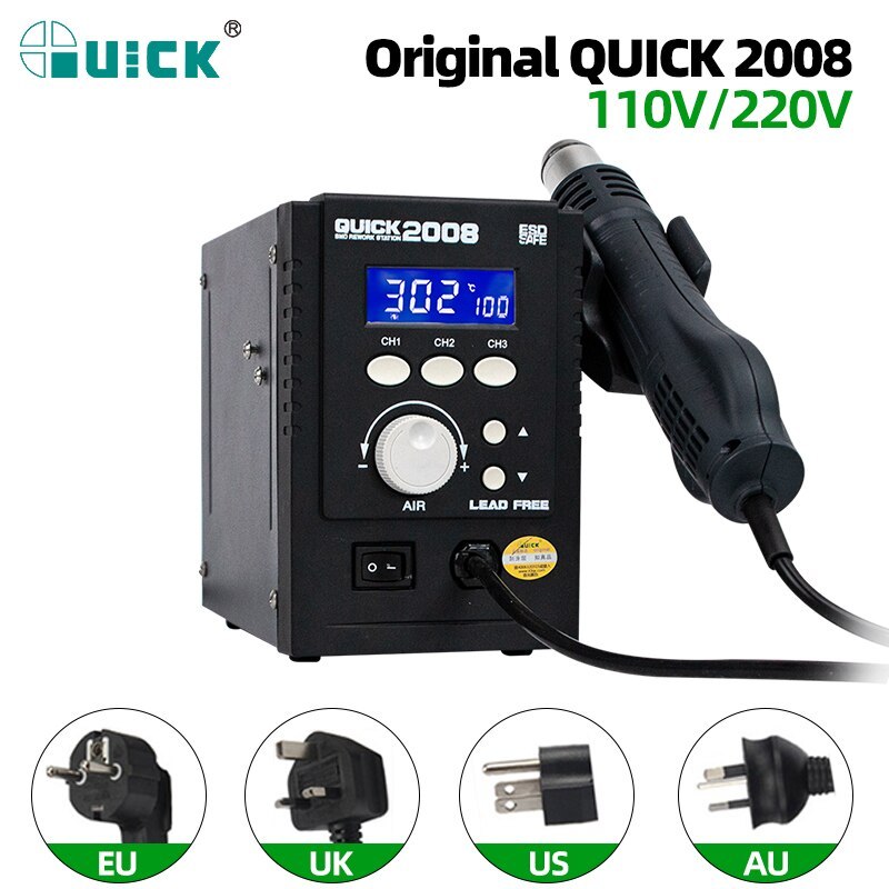 Máy khò cầm tay QUICK 2008. Nhiệt độ 100-500°C, kèm 4 đầu khò 2.5/6.4/8/12.7 mm 700W