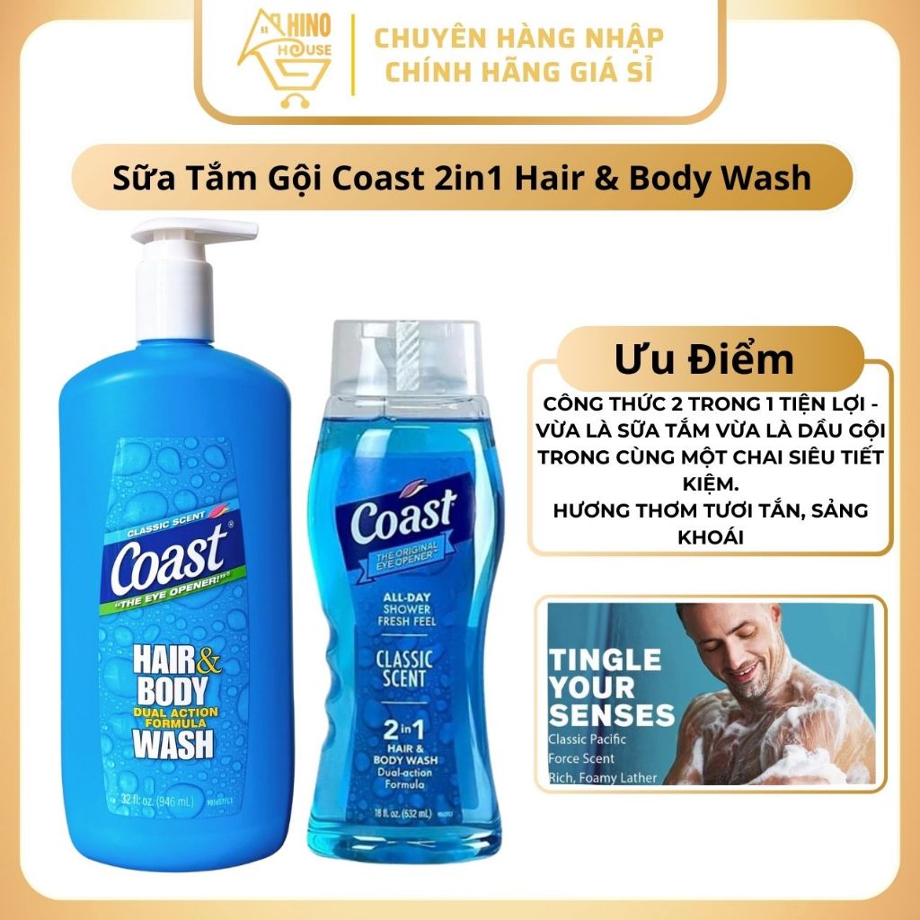 Sữa Tắm Gội Coast 2in1 Hair & Body Wash Classic Scent Pacific Force USA Dưỡng Da Body - Hinohouse