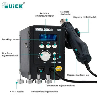 Máy khò cầm tay QUICK 2008. Nhiệt độ 100-500°C, kèm 4 đầu khò 2.5/6.4/8/12.7 mm 700W