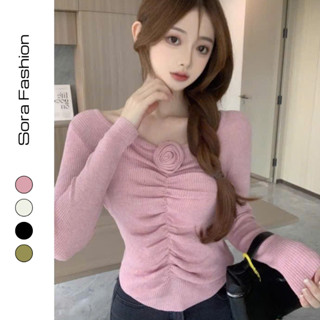  Áo Kiểu Nữ Dài Tay Đính Hoa Trước Ngực Sora Fashion Áo Thun Nữ Kiểu Tay Dài Dúm Eo Chất Liệu Thun Tăm 182 