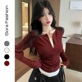  Áo Thun Nữ Dài Tay Phối Yếm Sora Fashion Áo Thun Kiểu Nữ Phối Khóa Kéo Chất Liệu Thun Tăm 188 