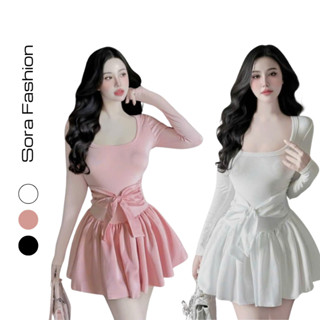  Váy Cổ Vuông Dài Tay Tiểu Thư Phối Nơ Eo Sang Chảnh Sora Fashion Đầm Dáng Ngắn Chất Liệu Thun Tăm 178 
