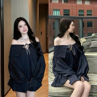 Váy Trễ Vai Kẻ Tay Phồng  Dáng Bí Bo Chun Eo Kèm Quần Đùi Rời